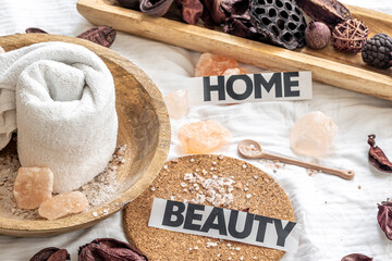 Canvas Print - Spa composition with towel and sea salt.