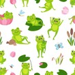 Cartoon green frogs seamless pattern. Frog and lotus, toad in pond eating, relaxing. Water lily and reeds, childish forest animal vector background