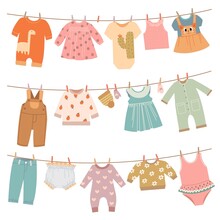 Clothes On Ropes. Baby Dress, Infant Cloth Hang On Rope. Cute Children Clothing After Washing On Clothesline, Isolated Pajamas, Laundry Apparel Classy Vector Set