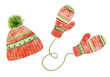 Watercolor knitted mittens and hat with pompon isolated on white background.