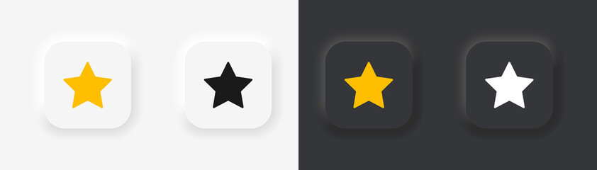 Fototapete - 3d star neumorphism buttons. Black and white squares with golden neumorph stars buttons. Badges with light and shadow for ui on white and black background. Icons for modern web design. Vector