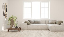 Soft Color Living Room With Sofa. Scandinavian Interior Design. 3D Illustration