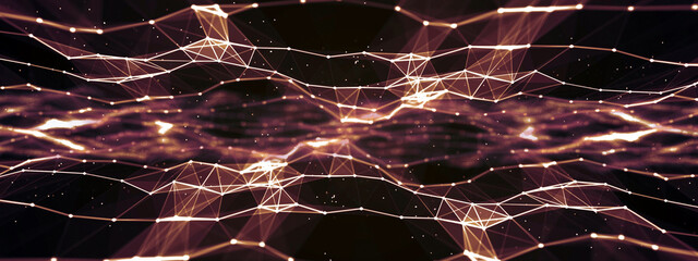 Poster - Geometric neon fire background. Design field of lines, dots, glass fragments. Digital network architecture. Glow stars. Сosmic body. LED strip. Wave pattern. Banner science, technology, business.