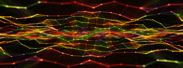 Poster - Geometric neon background. Design field of lines, dots, glass fragments. Kaleidoscope. Digital network architecture. Glow stars. Сosmic body. LED strip. Wave. Poster science, technology, business.
