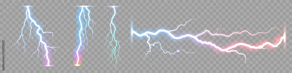 Vector realistic lightning strike. Discharge of electricity thunderbolt ...