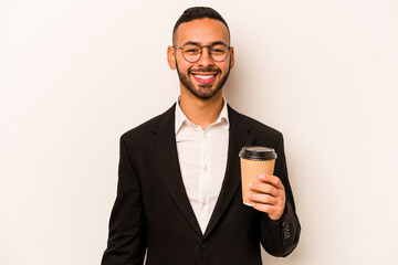 Wall Mural - Young business hispanic man holding takeaway coffee isolated on white background happy, smiling and cheerful.