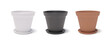 3D realistic glossy white, black and terracotta ceramic flower pots with trays and dropping shadows. Three-dimensional empty reservoirs for house plants. Vector isolated clipart