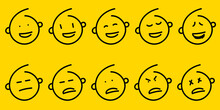 Set Of Outline Emoticons Face Icon. Black Line Emoji On Yellow Isolated Background. Vector Illustration.