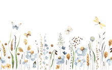 Floral Seamless Horizontal Border With Abstract Blue Flowers, Plants, Grasses And Flying Butterflies And Dragonfly. Watercolor Pattern On A White Background, Summer Meadow Panoramic Illustration.