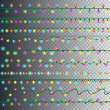 Set Of Color Garland Lights. Glowing Christmas Lights On Transparent Background. Vector Seamless Horizontal Objects. Includes 10 Vector Brushes Festive Strands Of Christmas Lights