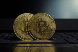 Fototapeta Miasto - Bitcoin crypto gold coin on laptop business trading