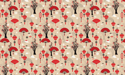 Seamless pattern with Chinese street lanterns Vector Illustration