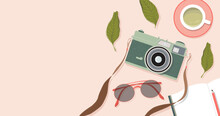 Film Camera, Tea Cup, Glasses And Note Book On The Table. Trendy Top Down View Illustration. Working From Home. Modern Minimalistic Hand Drawn Home Office Space Design For Web Card, Banner.