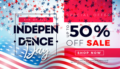 Wall Mural - Fourth of July. Independence Day Sale Banner Design with American Flag and Falling Star Shape Confetti on Light Background. USA National Holiday Vector Illustration with Special Offer Typography