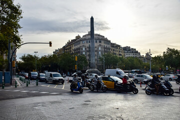 Barcelona, Spain - October 3 2019: Barcelona city street, road traffic, cars on road. Car in motion on city streets.