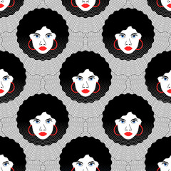 Wall Mural - African girl head with red lips and afro hairstyle abstract seamless pattern vector illustration for beauty salon