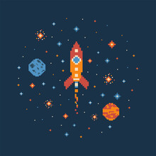 8 Bit Pixel Art Rocket In Outer Space