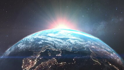 Wall Mural - lights of the european continent's night cities. view of dawn over the earth from space. stars and g