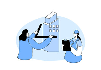 Poster - Building and Engineering Profession, Occupation or Job Concept. Architect and Construction Engineer Working on Project