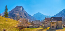 Panorama Of Sonogno Village With Houses, Alps And Green Pastures, Valle Verzasca, Switzerland