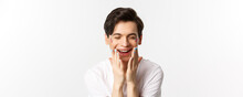 People, Lgbtq And Beauty Concept. Close-up Of Beautiful Gay Man With Polished Nails, Laughing And Looking Happy, White Background