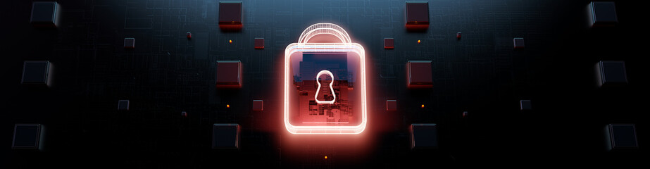 Aufkleber - Digital Lock Symbol. This image showcases a glowing digital lock symbol overlaid on a high-tech circuit board, representing cybersecurity and data protection in modern technology.