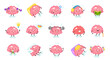 Cartoon pink brain mascots set. Cute childish brain with different facial expression emotions emoji