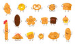 Cartoon bread characters set. Pastry bakery, croissant, muffin, donut, pretzel and baguette mascots