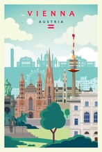 Travel Poster Vienna Historical Monument Buildings Digital Vector Illustration.
