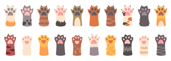 Sticker - Cat paws set, collection of various cute kitten legs, domestic animal foot. Different funny pet paws
