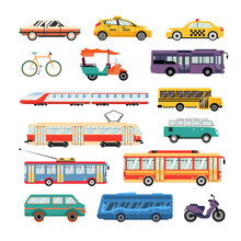 Transport Icons Set. Public Transportable Vehicle, Bus, Trolleybus, Tram, Train, Taxi, Car, Bicycle
