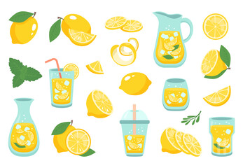 Wall Mural - Lemonade in jar, mint cocktails cartoon set. Pitcher drinks with straw, lemon slice