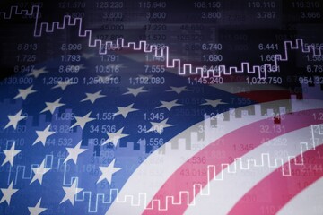 Canvas Print - USA flag on background with stock market graph, trading and investment concept