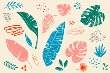 Set Of Abstract Tropical Leaves. Hand Drawn Vector. Set Elements For Card, Poster, Postcard And Banner Design. Summer Objects Of Nature. Hand Drawn Doodle Elements: Dots, Triangles, Circles, Doodles.