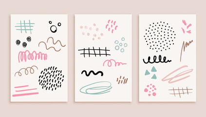 Set of abstract modern hand-drawn posters. Doodle style. Doodles, dots, lines, spots. Modern design.