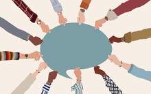 Agreement Or Affair Between A Group Of Colleagues Or Collaborators.Arms And Hands Holding Speech Bubble.Diversity People Who Exchange Information.Community.Concept Of Sharing And Exchange