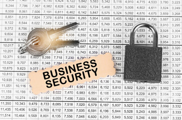 Poster - Against the background of a table with reports, a lock, keys and a sign with the inscription - Business security