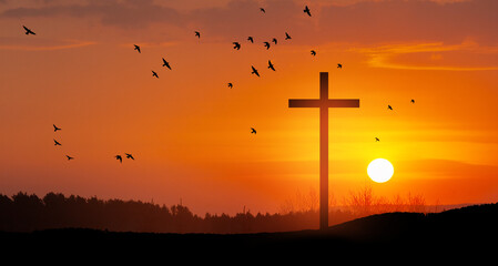 Wall Mural - Christian cross on hill outdoors at sunrise. Resurrection of Jesus. Concept photo.