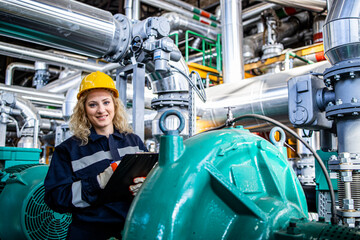 Wall Mural - Portrait of female industrial or refinery worker standing by generators and gas pipes and holding notebook.