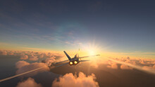 Militar Aircraft Flying Over The Clouds In Amazing Sunset