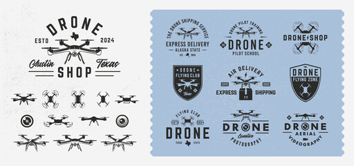 Wall Mural - Vector vintage Drone, UAV logo set. Set of 10 Drone logo templates and 12 design elements for logo design. Pilot School, Flying Zone, Drone shop, delivery emblems. Trendy vintage hipster design.