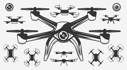 Set of Drone's silhouettes and icons. Vintage drone design. 10 drones and 2 lens icons isolated on white background. Vector illustration