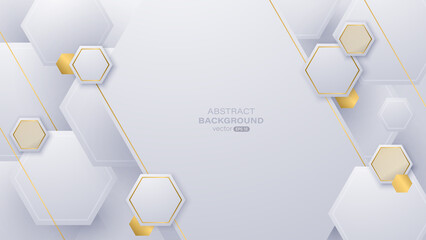 Wall Mural - Geometric white luxury background with hexagon shape and golden lines