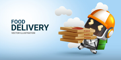 Poster - Food delivery robot vector design. Food delivery with robotic assistant character and pizza boxes elements for fast delivering ai service. Vector illustration.
