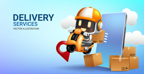 Poster - Delivery services vector concept design. Delivery services text with robot delivery rider character in phone and motorcycle elements for shopping order shipping. Vector illustration.
