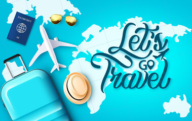 Travel vector background design. Let's go travel text in blue map with luggage, airplane and passport 3d tourist elements for international fun and enjoy travelling. Vector illustration.
