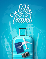 Wall Mural - travel vector poster design. let's go travel text with luggage, passport and camera in destination l