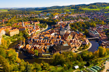 Aerial View Of Historical Centre Of Cesky Krumlov Town On Vltava Riverbank On Autumn Day Overlooking Medieval Castle, Czech Republic