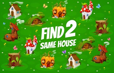 Poster - Find two same elf houses kids game worksheet. Cartoon vector educational maze with stump, old boot, pumpkin and fly agaric mushroom cottages. Dwarf stone or hillock homes on field children riddle test