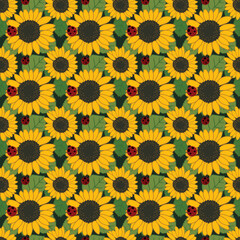 Wall Mural - Seamless pattern of cute sunflowers.